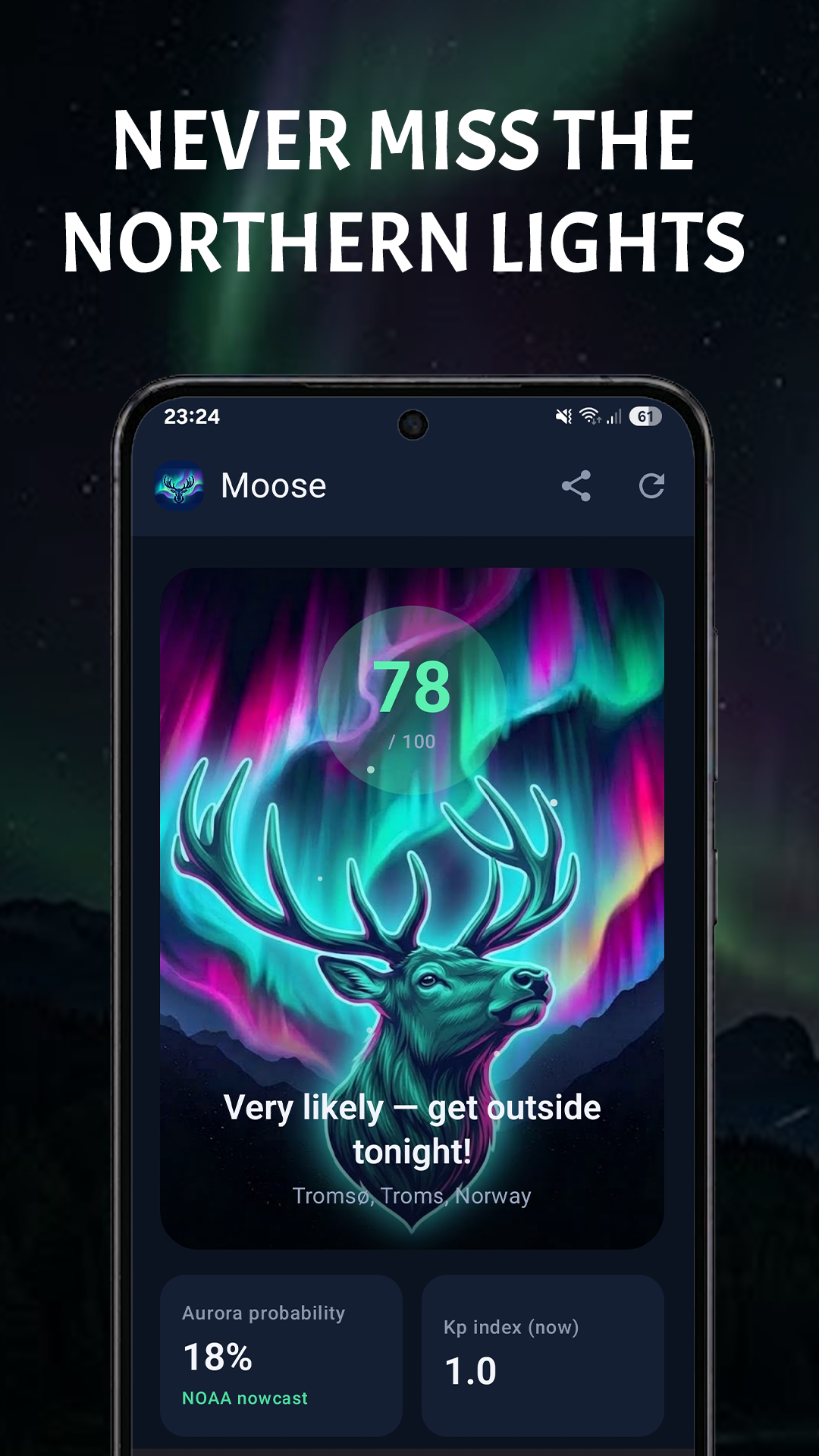 Moose score card showing 78/100, very likely tonight, over Tromsø