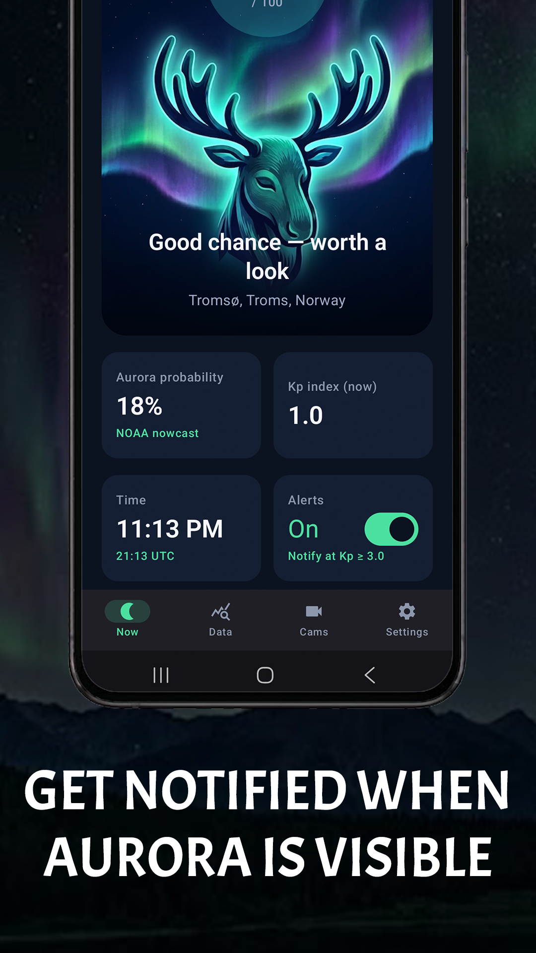 Moose home screen with aurora probability, Kp index, time, and alert toggle