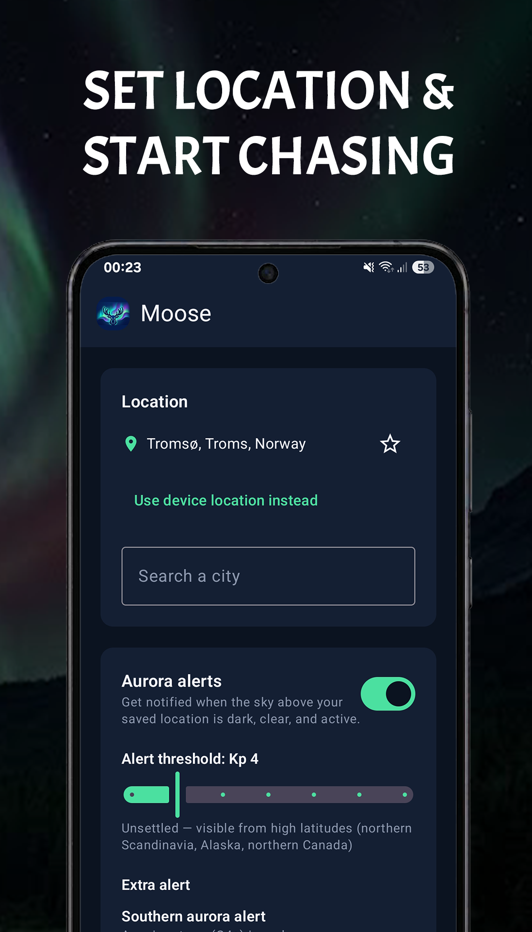 Moose settings screen for location, aurora alerts, and alert threshold